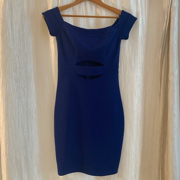 Royal Blue Off-Shoulder Short Sleeve Padded Front Cut-Out Form Fitting Dress - Picture 1 of 6